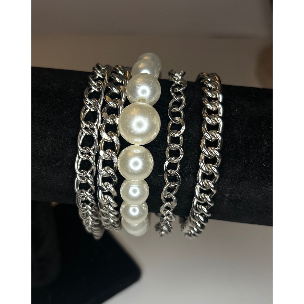 Y2K Silver Tone Punk Glam Multi Strand Chain Faux Pearl Baguette Cuff Bracelet